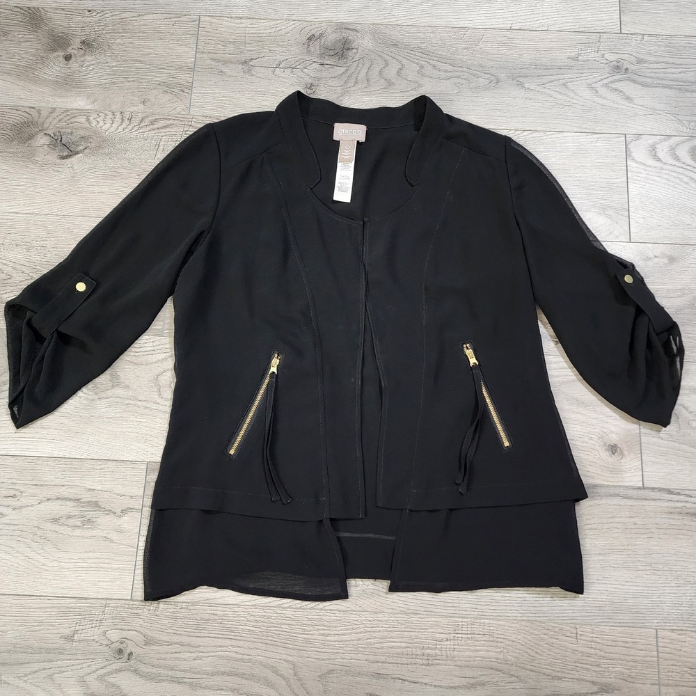 Chico's Women S Chiffon Blouse Open Front Black Layered Gold Zip Details Event